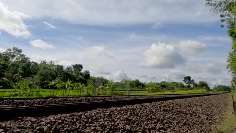 vías de tren que usan grava como cojín, cruzando los campos de arroz verde