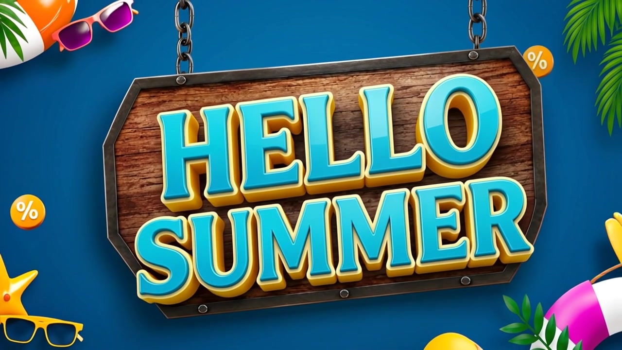 Hello Summer Wooden Sign with Tropical Beach Elements