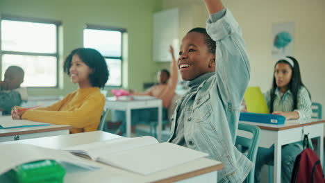 students in a classroom learning and raising their hands