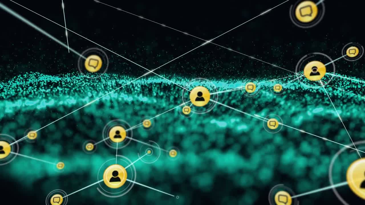 Animation of network of connections with digital people icons over green mesh