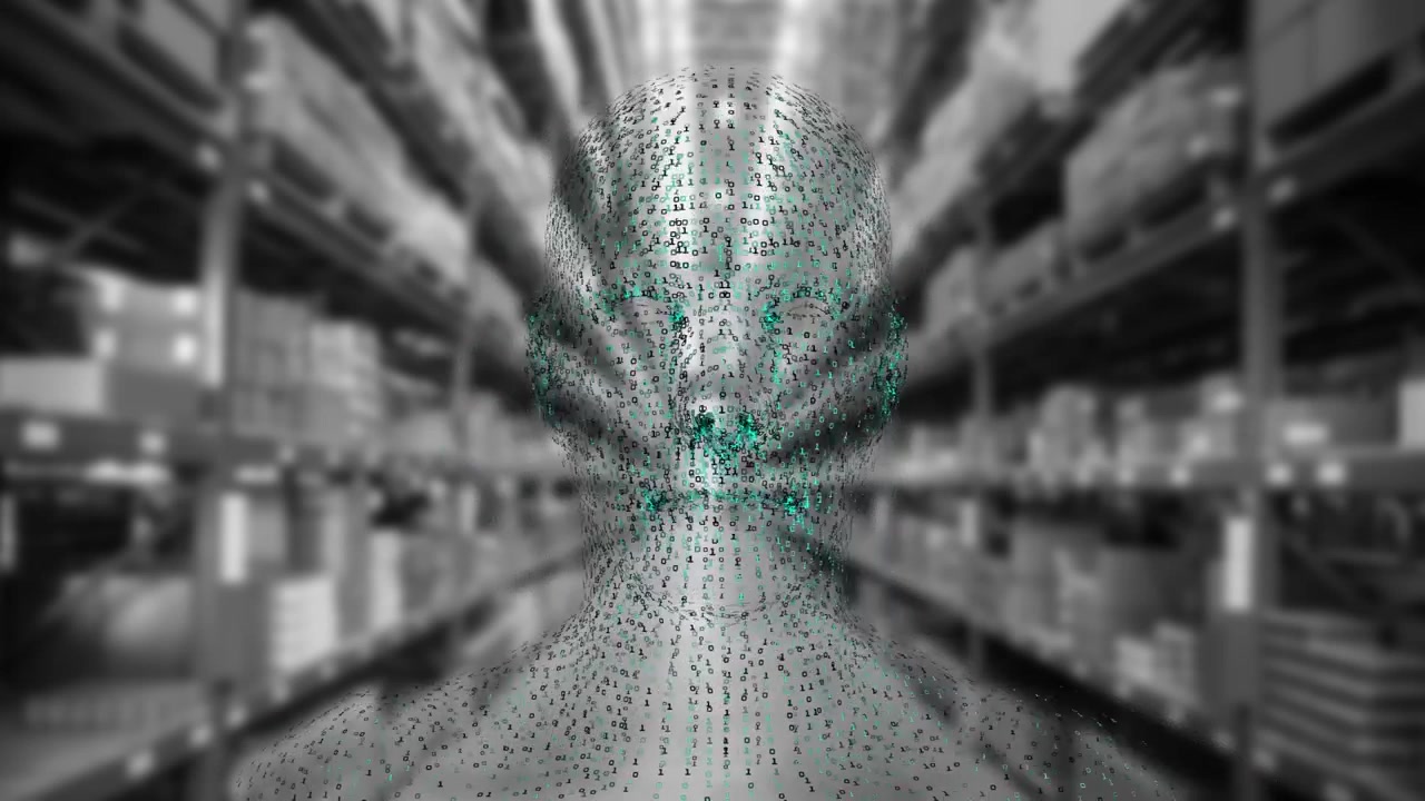 Animation of digital head over warehouse