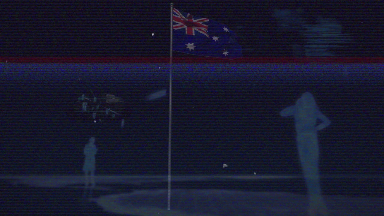 Waving Australian flag with helicopter and people silhouettes in animation scene