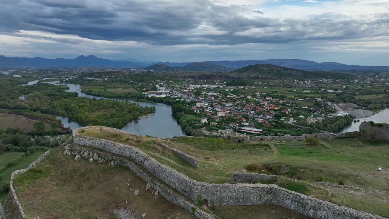 Ruin of Rozafa Castle on Rocky Hill Above Shkodër City, Albania AERIAL