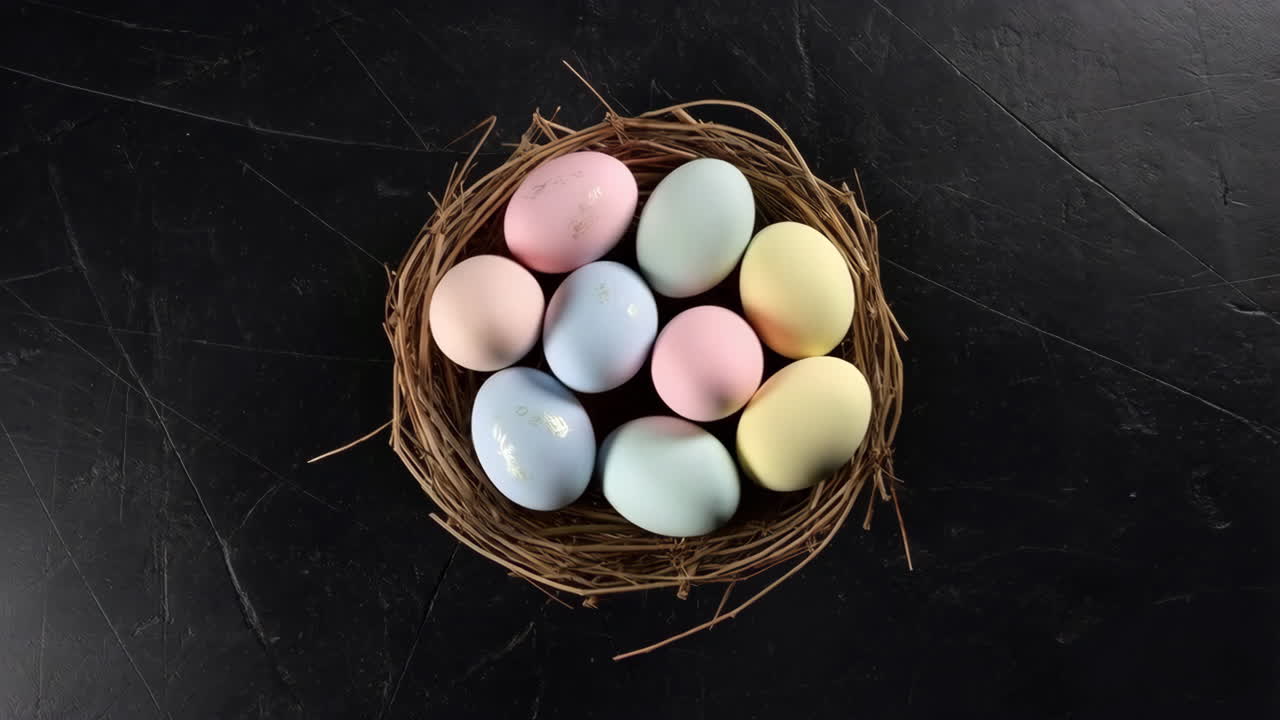 Pastel Easter Eggs in a Bird's Nest on a Dark Background