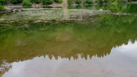 Schwenkansicht-Des-Sees-Mit-Kristallklarem-Wasser-Und-Spiegelung-Des-Berges