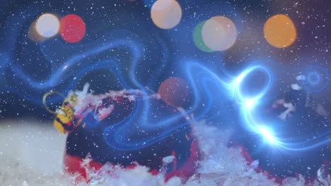partículas blancas que caen, onda digital azul y manchas de luz sobre las bolas de navidad