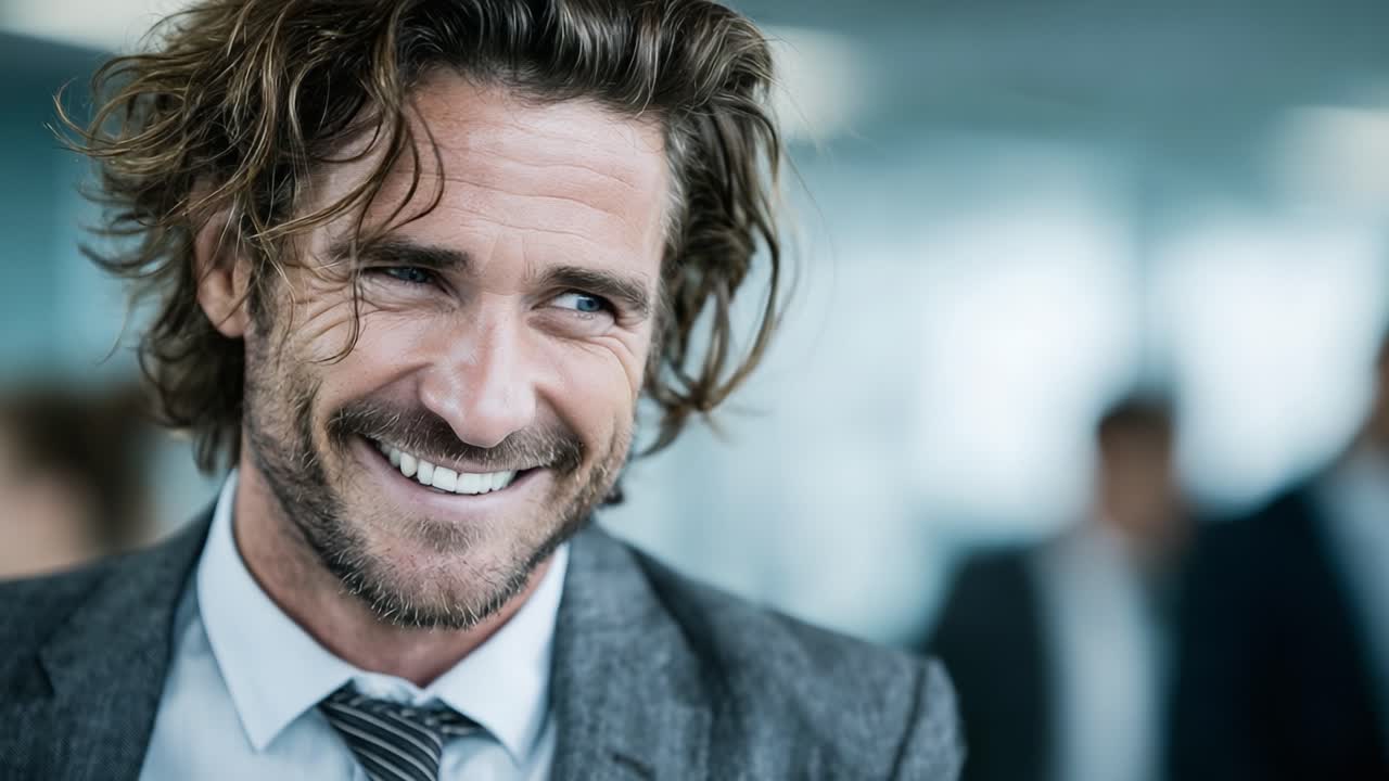 A Warm and Engaging Interaction: A Confident Man with an Inviting Smile Captivates His Audience in a Professional Setting