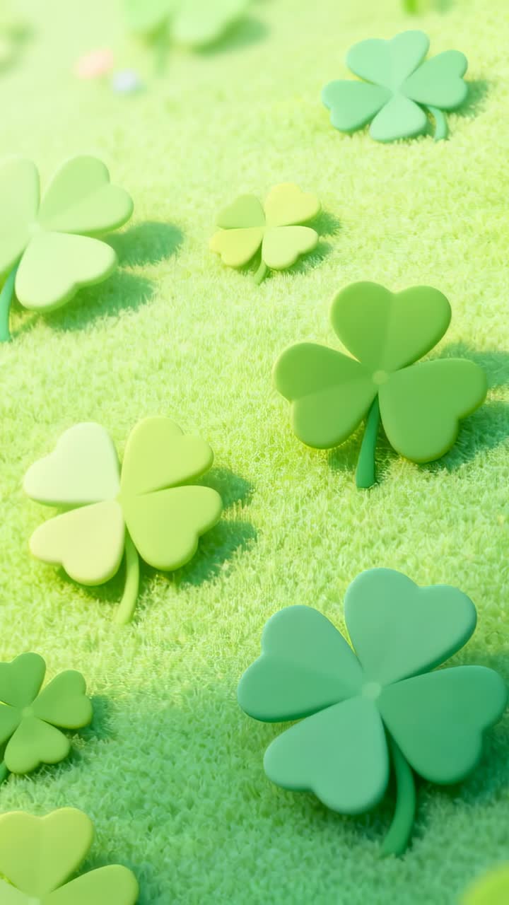 Vertical video: Panning camera revealing clustered four-leaf clovers on felt mat, emphasizing depth