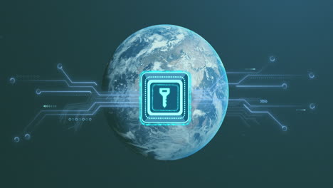 Animation of key icon with computer circuit board over globe on black background
