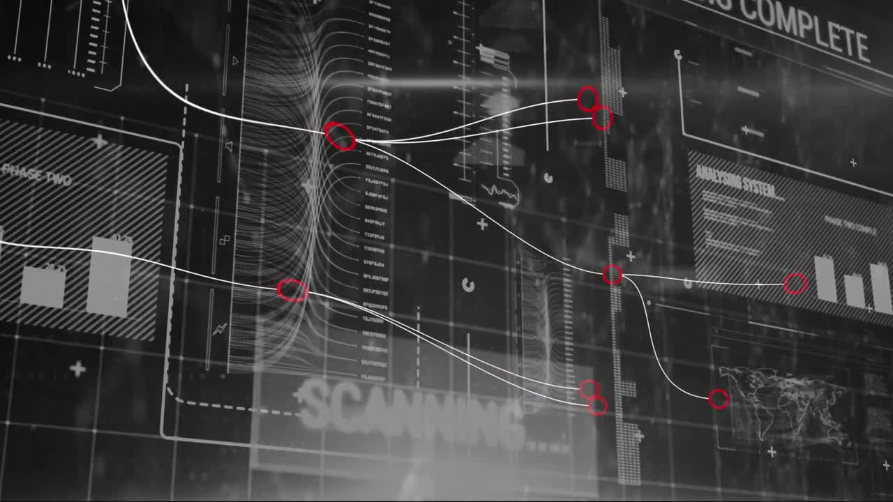 Animation of connections over data processing on black digital screen