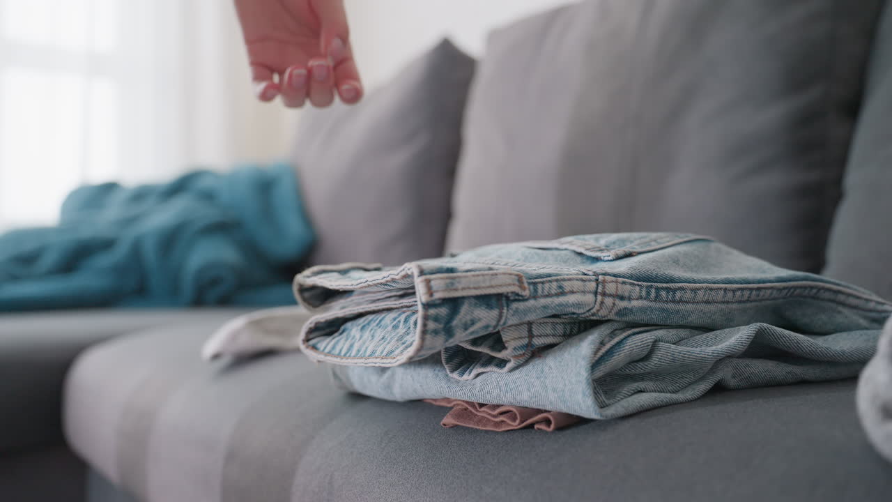 Close up hand view of housewife dropping folded jeans on couch over stacked clothes then picking another top showing detail of domestic routine household organization clothing care