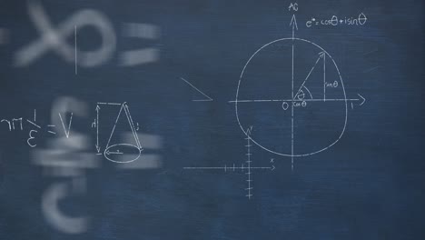 파란색 칠판 배경에 떠다니는 수학 방정식과 공식의 애니메이션