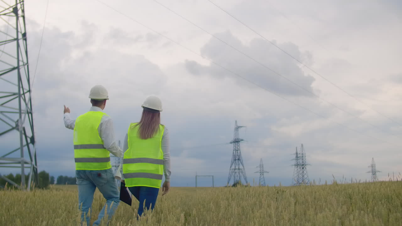 The view from the back: group of engineers at a high-voltage power plant with a tablet and drawings walk and discuss a plan for the supply of electricity to the city. Transportation of renewable clean energy.