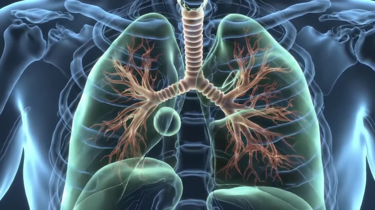 Detailed Anatomical Illustration of the Human Lungs, Showcasing the Bronchial Tree and Alveolar Structures in a Transparent 3D Model for Educational Purposes