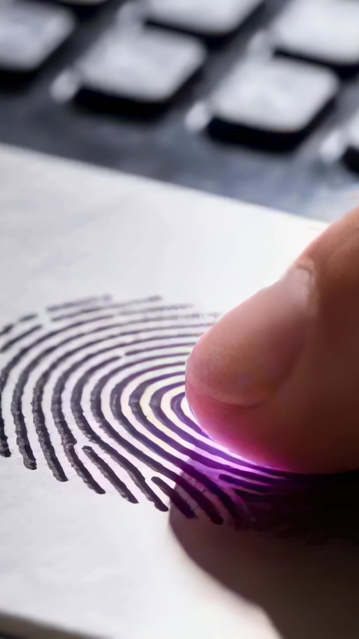 Vertical video: Pressing finger sliding across fingerprint on desk, purple light scanning for ID