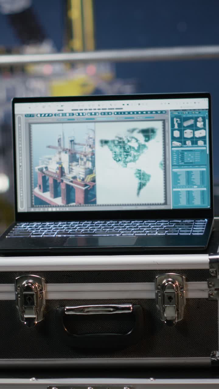 Vertical Video Empty offshore platform with a laptop running maintenance software