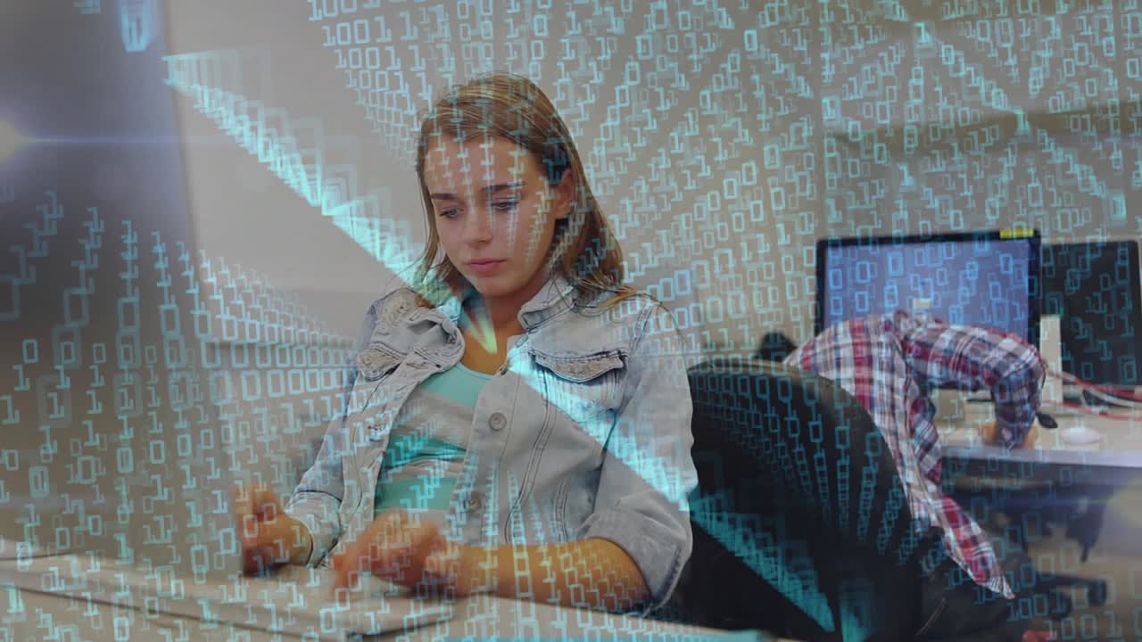 Woman starting typing on keyboard in office, generating binary overlay illustrating data flow