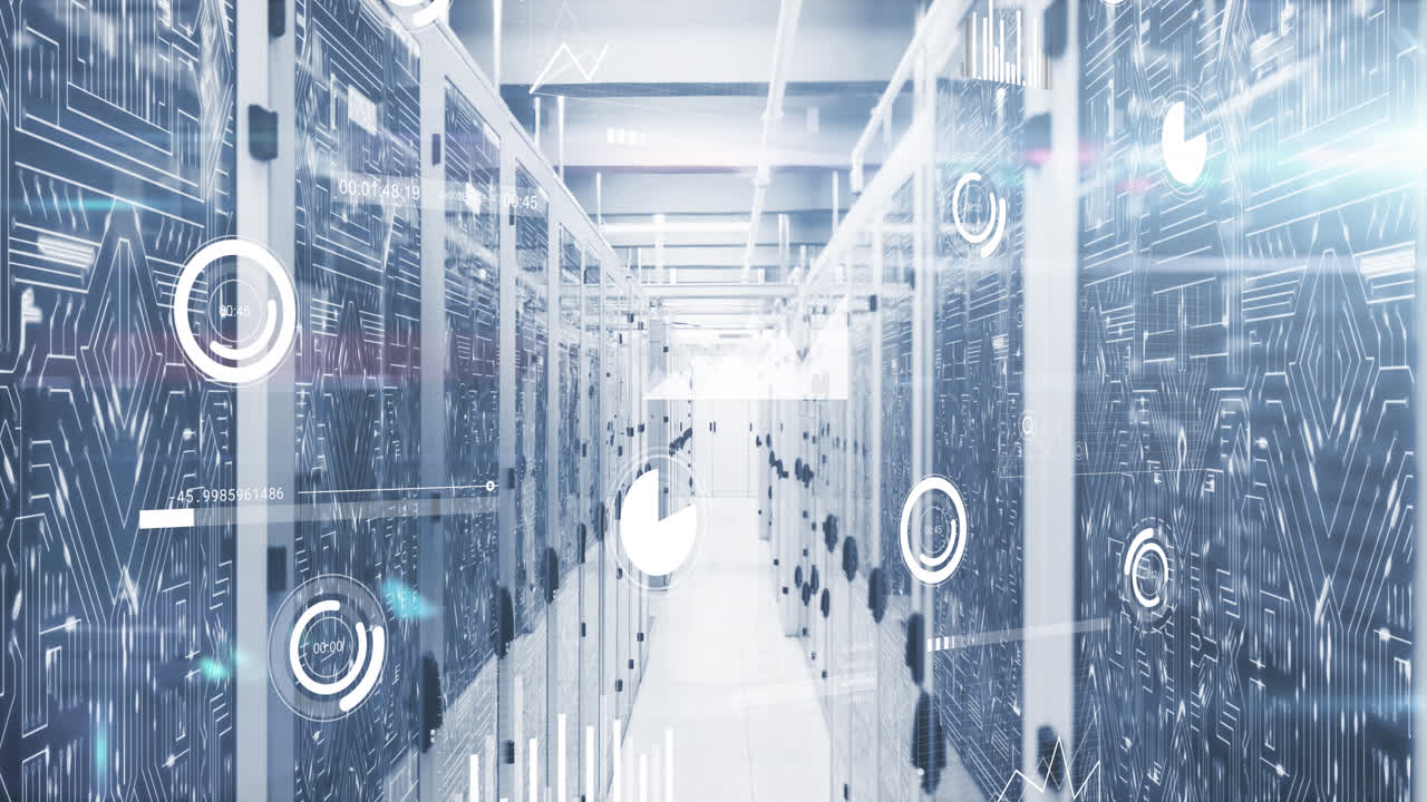 Animation of data processing and microprocessor connections against computer server room