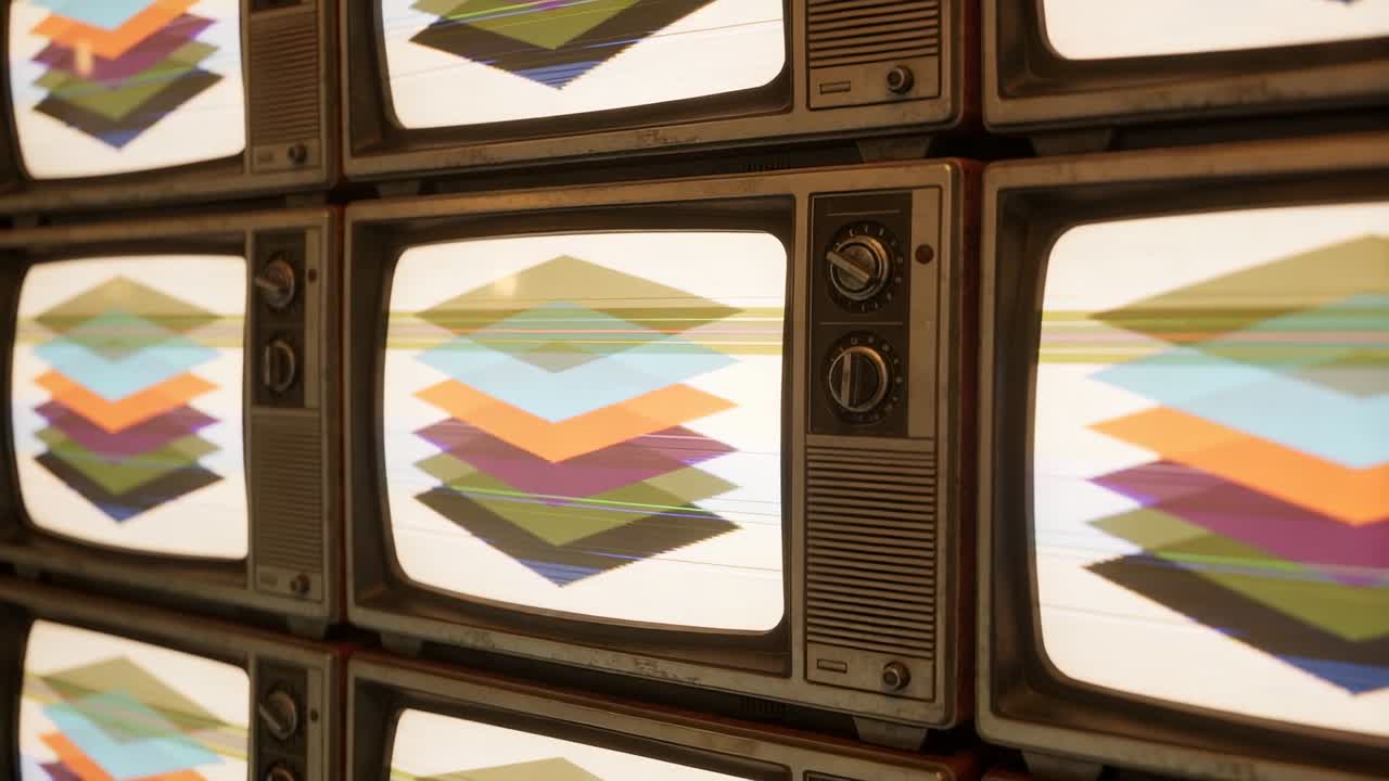 Panning camera revealing stacked vintage CRT televisions in studio, showing colored chevron pattern