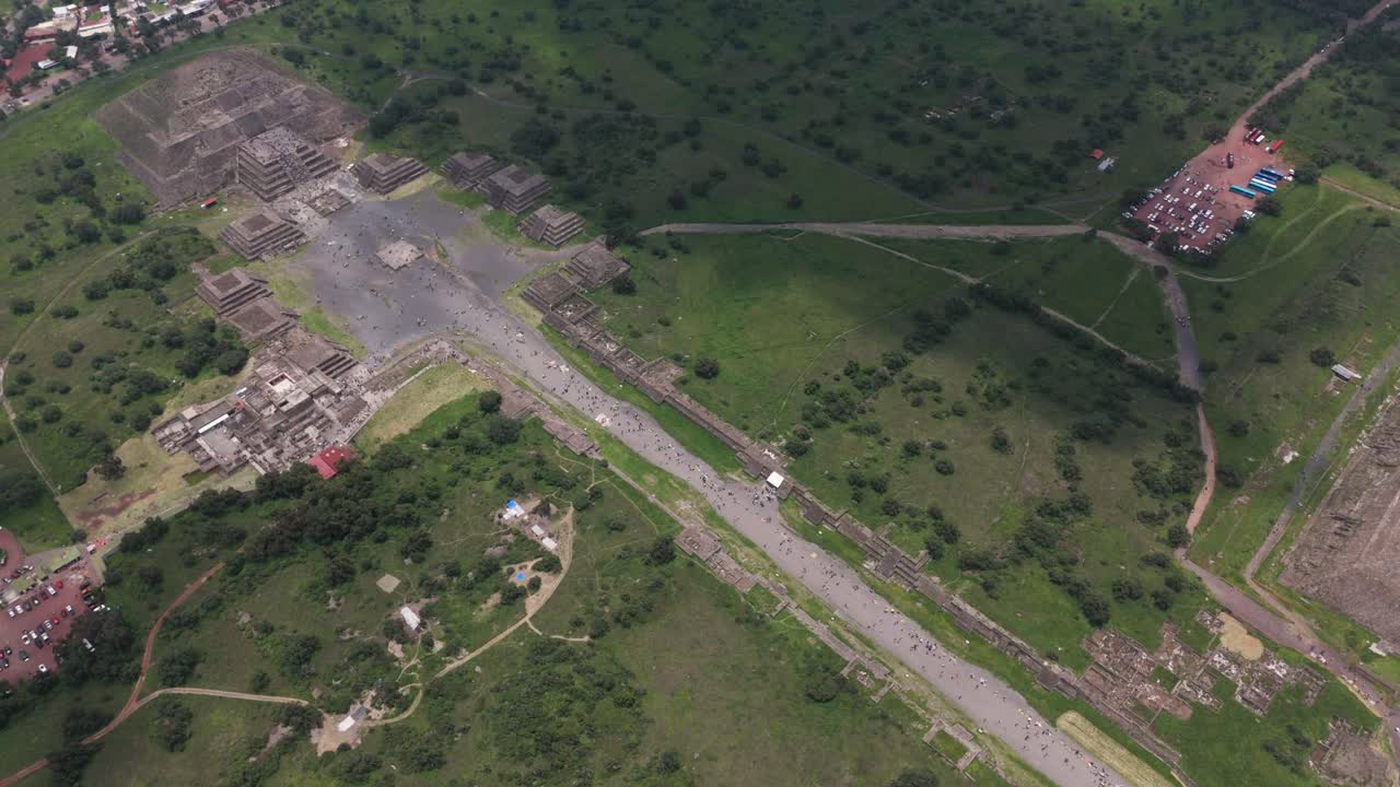 Aerial view of Teotihuacan, a sunny and cloudy afternoon simultaneously, Mexico