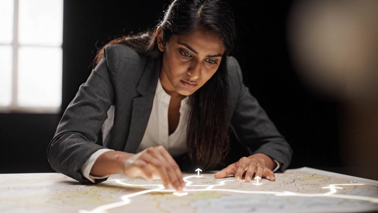 Um indivíduo concentrado analisa um mapa detalhado com atenção, traçando caminhos e rotas, revelando insights estratégicos para planejamento ou exploração em um espaço escurecido.