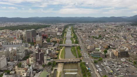 aerial of kyoto with kamo river, temples, and city skyline in kyoto, japan