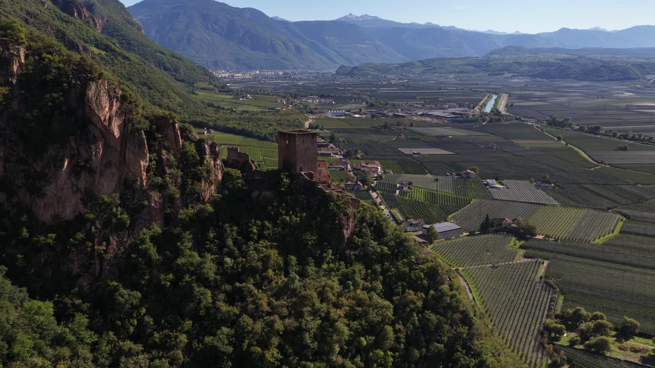 Mountain ruin castle Neuhaus, Castle Maultasch. Aerial drone video made in Terlano, Italy