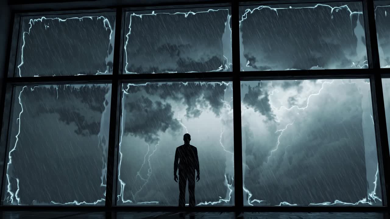 Man watching a stormy weather outside the window