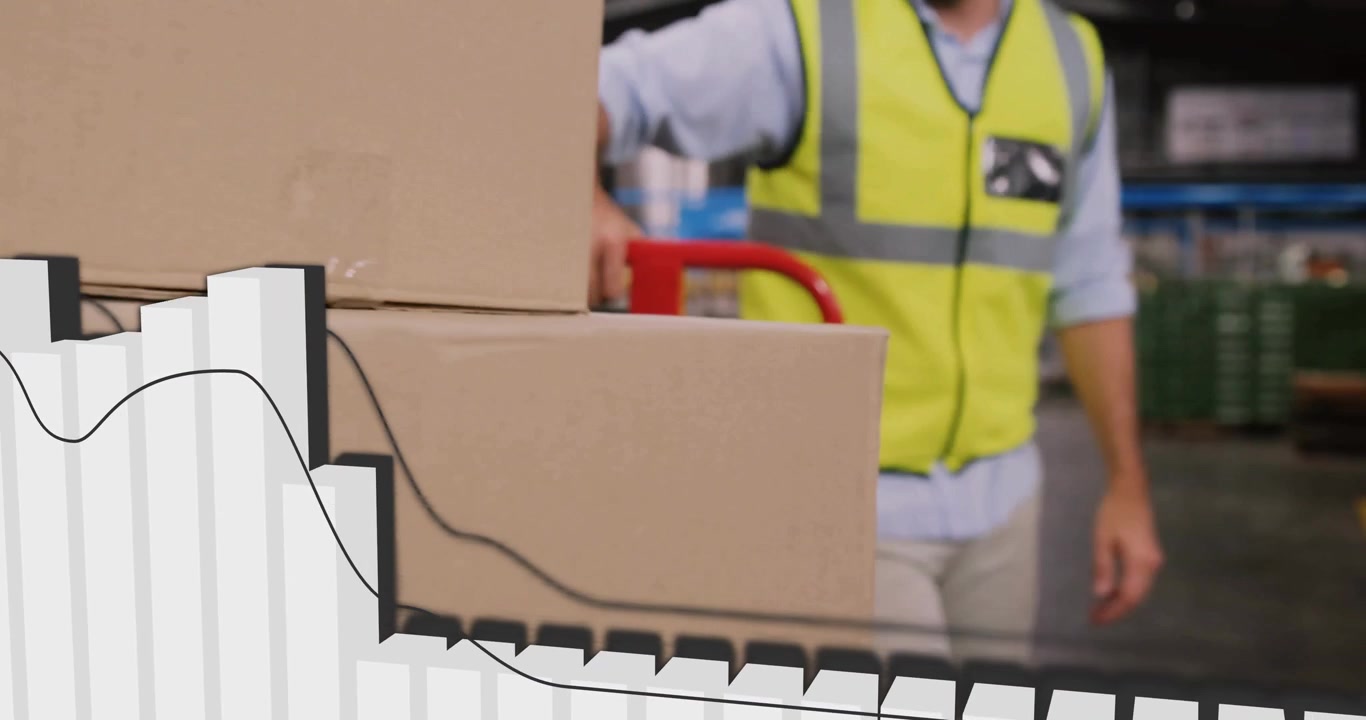 warehouse worker pushing trolley in logistics hub, with animated bar chart and line graph overlay