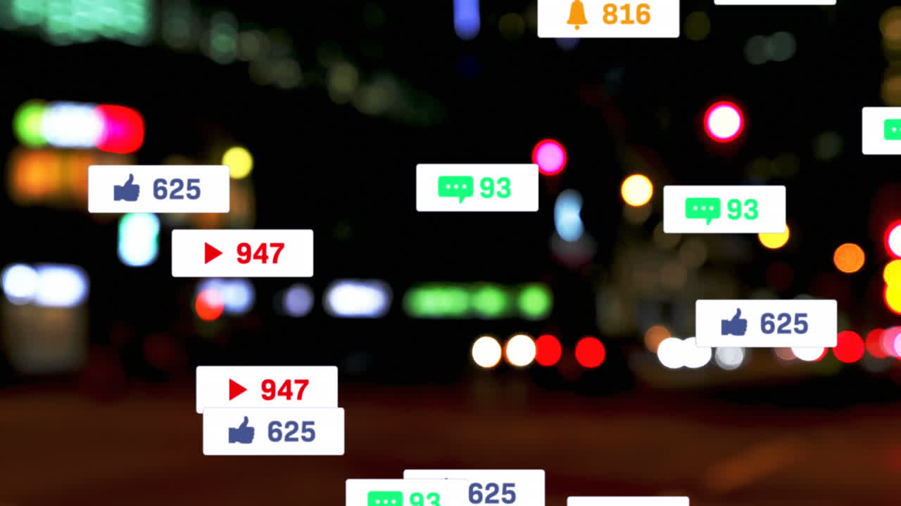 소셜 미디어 아이콘과 숫자의 애니메이션 초점 밖의 도시 및 교통 신호등