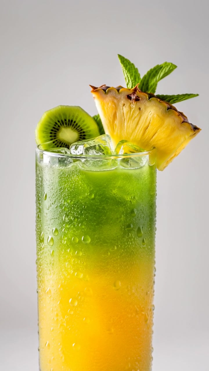Un graduale avvicinamento inquadra una bevanda bicolore ghiacciata su uno sfondo neutro e chiaro, mostrando goccioline d'acqua, cubetti di ghiaccio trasparenti, una fetta di kiwi, uno spicchio d'ananas e menta fresca