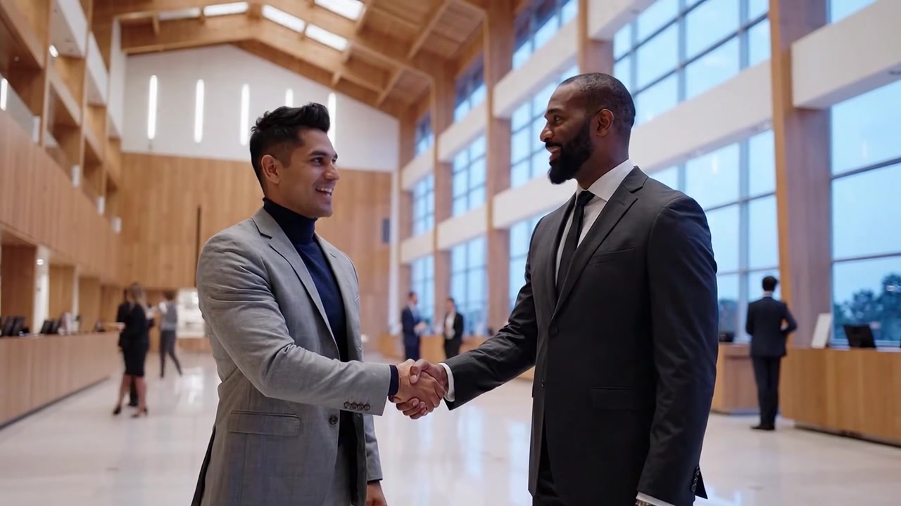 Business professionals engaging in a handshake agreement within a contemporary office environment, showcasing teamwork, collaboration, and corporate networking in action.