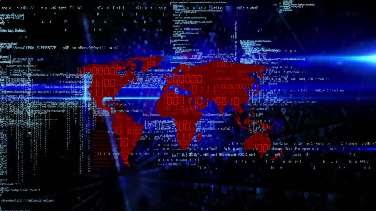 Animation af chat-AI og databehandling over verdenskort på sort baggrund