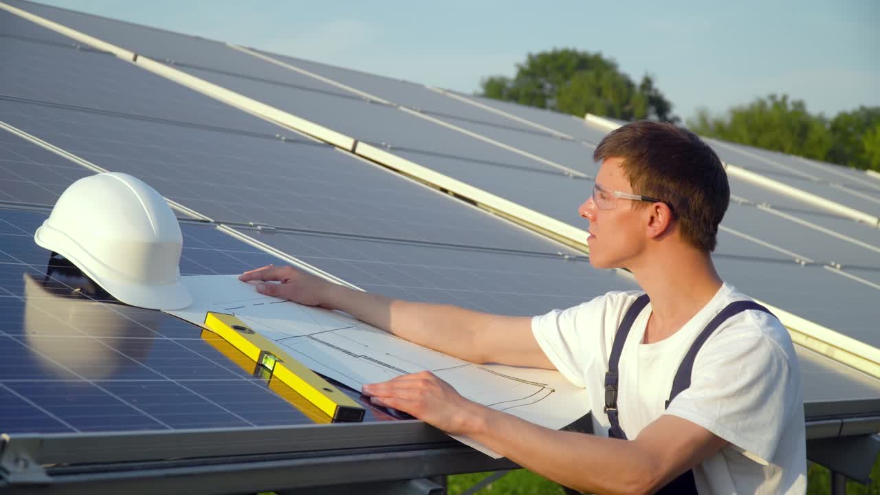 Engineer in a special equipment is at the solar power station. The green energy concept