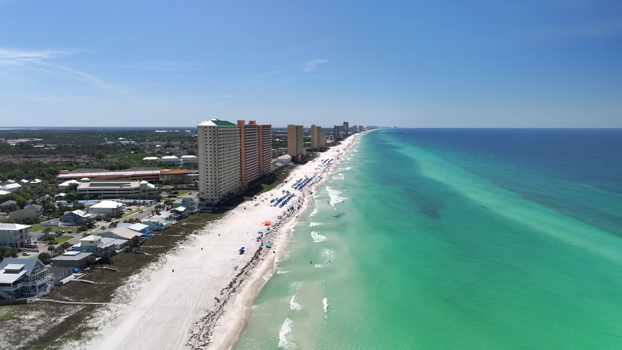 Amazing aerial view of beachfront high-rise hotels along turquoise ocean bay coast, Panama City Beach, Florida, USA
