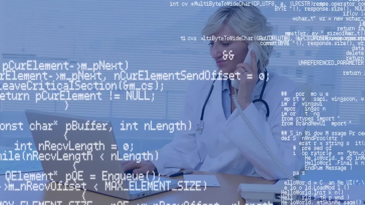 Animation of data processing over caucasian female doctor on the phone