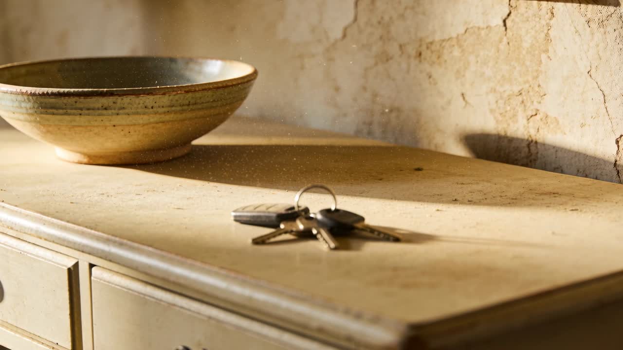 Moving camera pulling closer to small cluster of metal keys on wooden console, with ceramic bowl