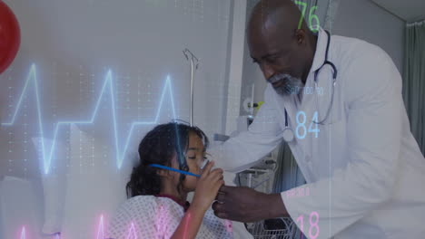 animation of cardiograph over diverse male doctor and girl patient in hospital