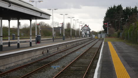 Deserted-train-station-with-multiple-tracks-and-a-signal-tower,-set-against-a-backdrop-of-trees-and-overcast-skies