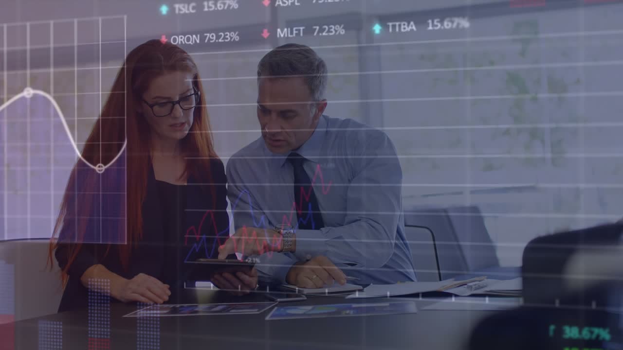 Animation of financial data processing over diverse man and woman discussing over computer at office