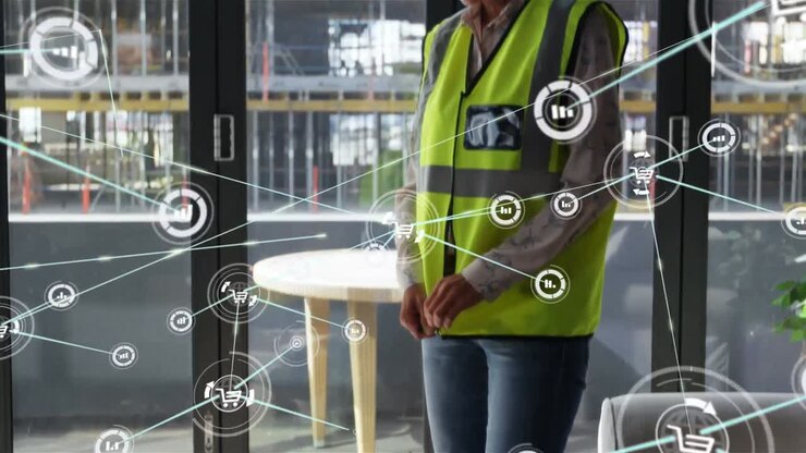 Animazione di una rete di connessioni su una lavoratrice caucasica che indossa una tuta di sicurezza