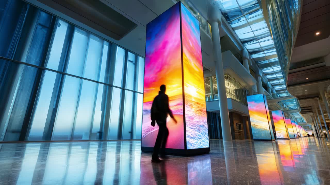 Illuminated Art Installation Featuring Vivid Sunset Displays Captivates Visitors in Modern Indoor Space Showcasing Technology and Artistic Expression