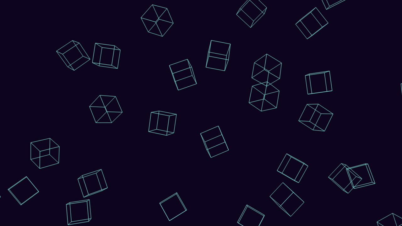 Sømløs abstrakt baggrund af roterende trådnetkuber på en mørk baggrund, der skaber et minimalistisk geometrisk mønster i tech-stil, ideel til motion graphics, præsentationer og digitale designprojekter.