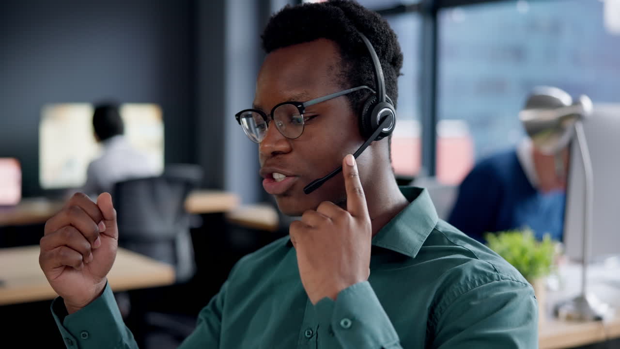 Call center, speaking and african man