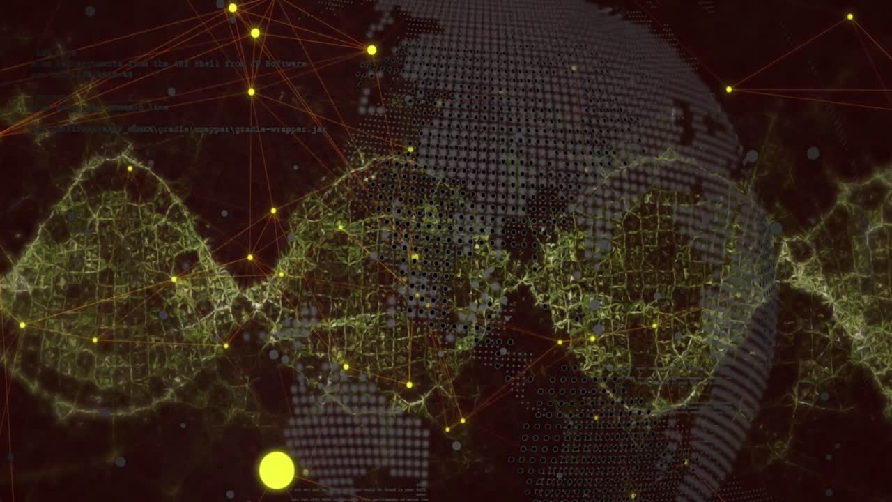Animation of digital wave and network of connections over spinning globe against black background