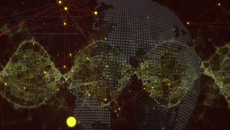animación de onda digital y red de conexiones sobre un globo giratorio contra un fondo negro.