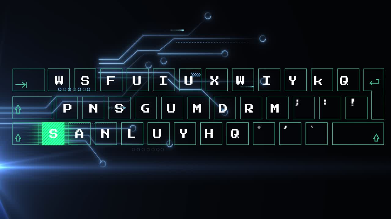 Animation of abstract pattern moving over keyboard against circuit board pattern in background