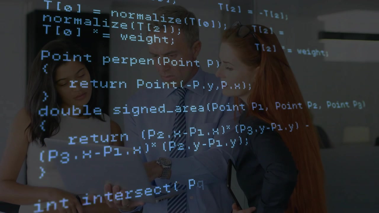 Code overlay fading over three colleagues examining tablet and analyzing API logic for tech review