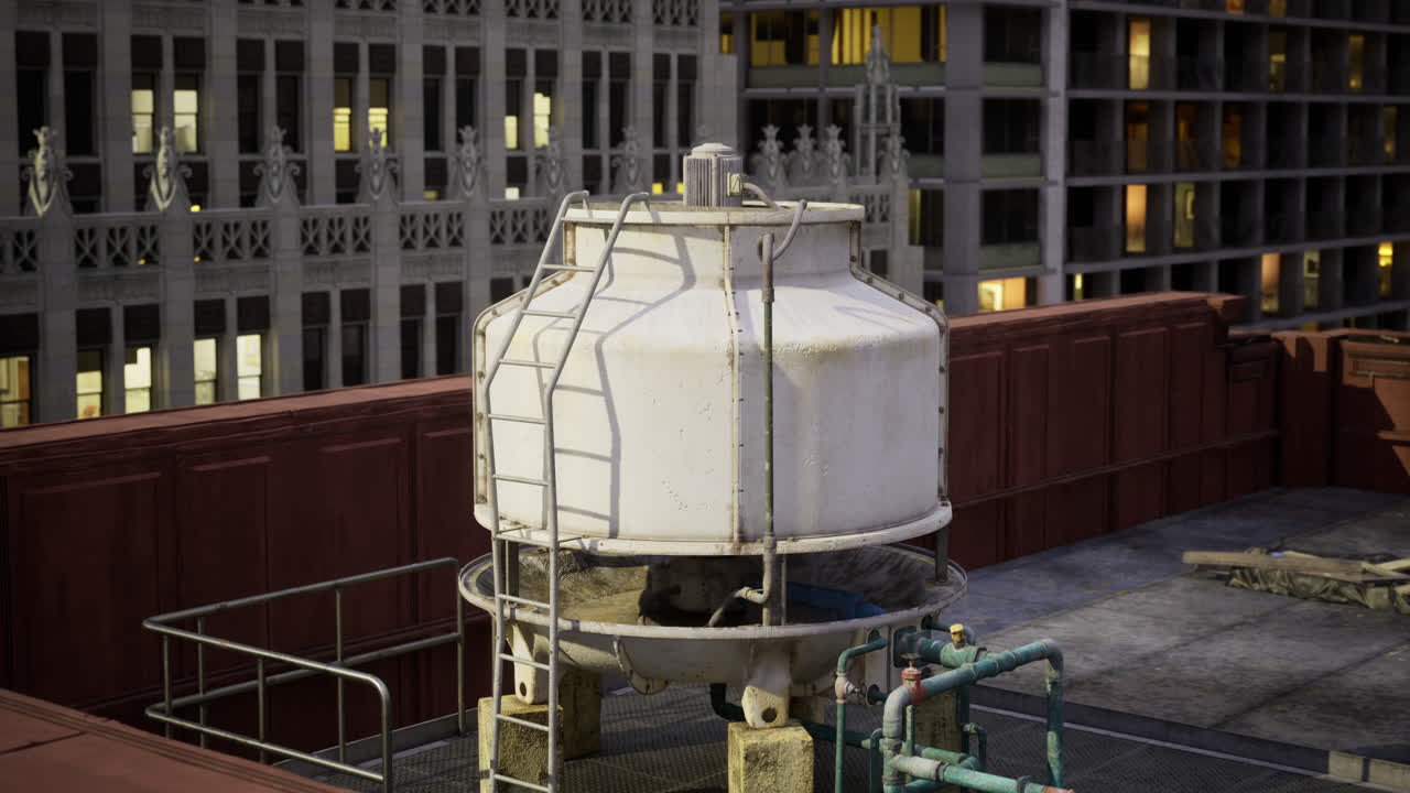 Water tower on urban rooftop at dusk surrounded by skyscrapers