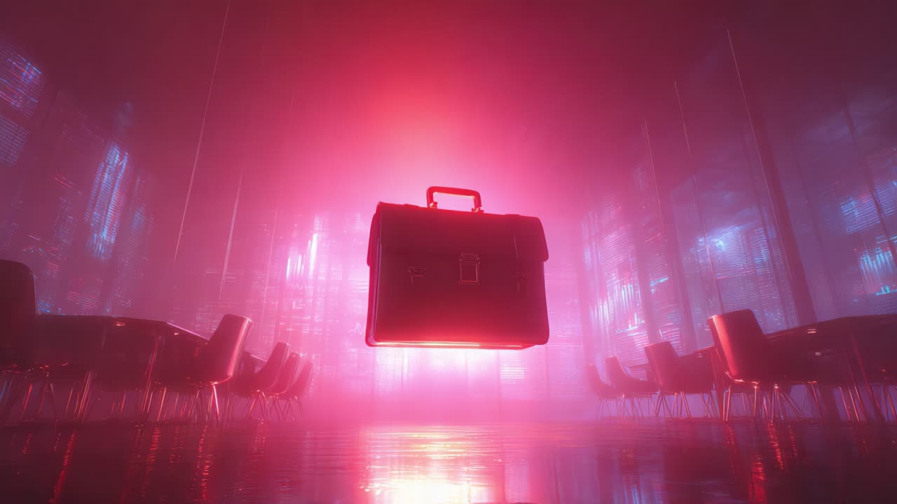 Mysterious briefcase floating and rotating in the middle of a futuristic, empty office with red neon lights, representing a secret deal, corporate mystery, or a confidential mission